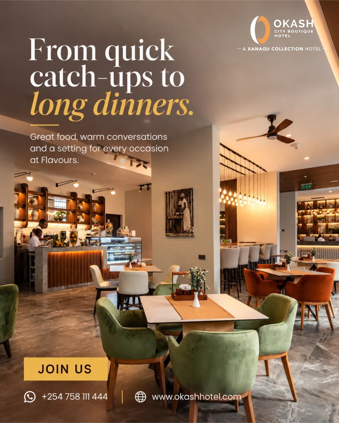 From quick catch-ups to long dinners, there’s always a reason to gather at Flavours Restaurant. 🍽️

Whether it’s lunch with colleagues, dinner with friends or simply time well spent over a good meal, we have a table waiting for you.

Make your next catch-up a little more flavourful. ❤️

📲 Reserve your table today!
Call us: +254 758 111 444 or DM us
.
.
#FlavoursRestaurant #OkashCityBoutiqueHotel #NairobiRestaurants #NairobiDining #NairobiFoodies #WhereToEatInNairobi #FoodforFoodies
