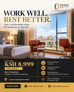 Long day of meetings? Make coming back to your room the best part of it.

At @okashhotelkenya , you can settle into a comfortable space, catch up on work at your desk, or simply put your feet up after a busy day in Nairobi.

And with JKIA just 10 minutes away, getting to and from the airport is that much easier.

Enjoy our Ksh 8,999 per night offer, with breakfast and complimentary sauna and steam room access.

📅 Offer valid until 31st October 2026.

📞 Reserve your stay: +254 758 111 444
🌐 www.okashhotel.com (link in bio)
.
.
#OkashCityBoutiqueHotel #NairobiHotels #BusinessTravel #BusinessStay #NairobiStay #JKIA #SouthCNairobi #StayOffers #HotelsNearJKIA