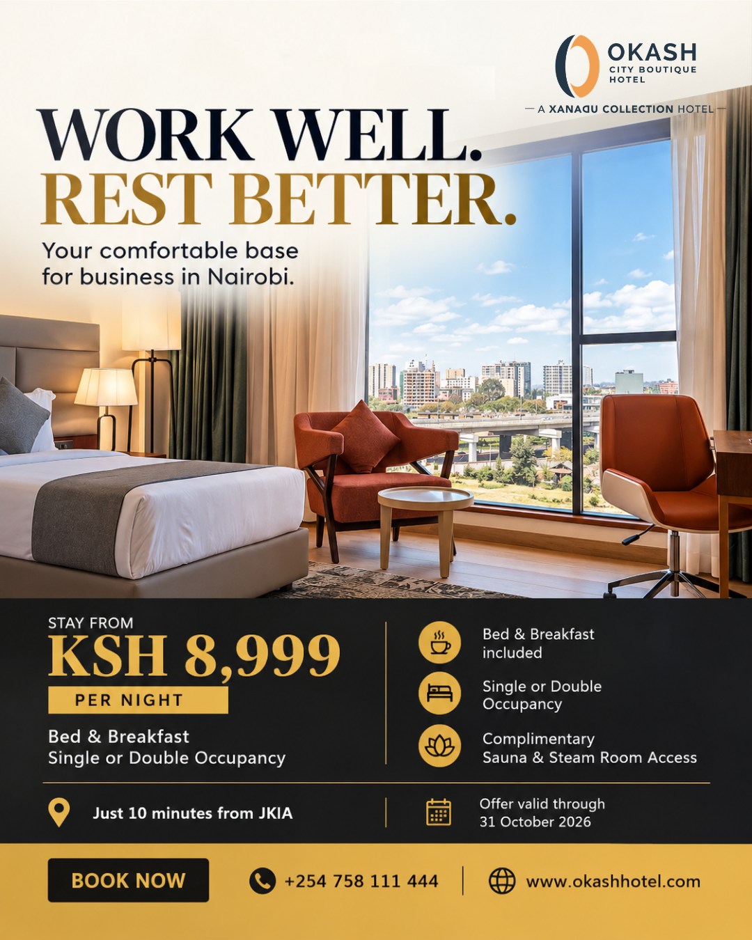 Long day of meetings? Make coming back to your room the best part of it.

At @okashhotelkenya , you can settle into a comfortable space, catch up on work at your desk, or simply put your feet up after a busy day in Nairobi.

And with JKIA just 10 minutes away, getting to and from the airport is that much easier.

Enjoy our Ksh 8,999 per night offer, with breakfast and complimentary sauna and steam room access.

📅 Offer valid until 31st October 2026.

📞 Reserve your stay: +254 758 111 444
🌐 www.okashhotel.com (link in bio)
.
.
#OkashCityBoutiqueHotel #NairobiHotels #BusinessTravel #BusinessStay #NairobiStay #JKIA #SouthCNairobi #StayOffers #HotelsNearJKIA