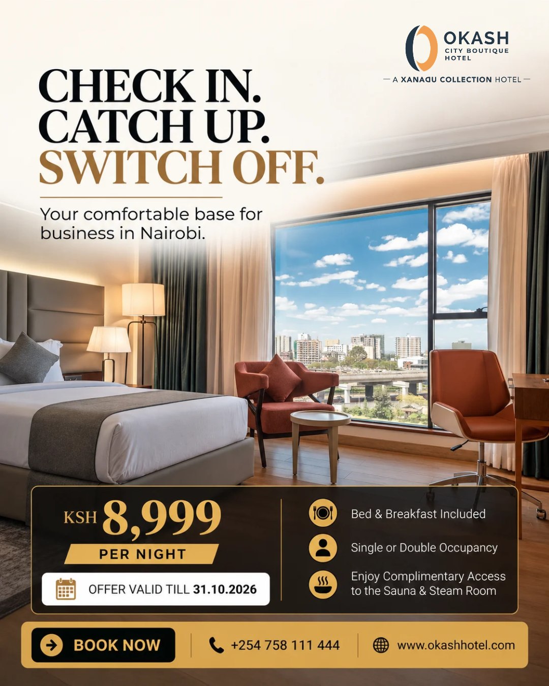 Business in Nairobi? Make yourself at home between meetings.

With a dedicated workspace, a comfortable bed and room to unwind after a busy day, @okashhotelkenya  makes business travel a little easier. Plus, you're just 10 minutes from JKIA.

Make your next work trip a comfortable one.

📞 Call +254 758 111 444
🌐 www.okashhotel.com

#OkashCityBoutiqueHotel #BusinessTravel #NairobiHotels #NairobiStay #CorporateTravel #JKIA #SouthCNairobi #StayOffers