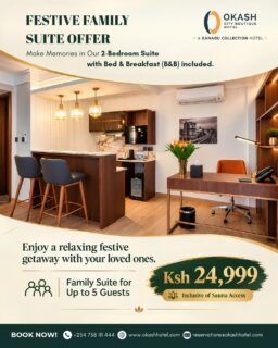 🎄 Make this festive season special for the whole family! ❤️

Bring everyone together for a relaxing family getaway at @okashhotelkenya .

Enjoy our 2-Bedroom Family Suite at Ksh 24,999, inclusive of bed & breakfast for up to 5 guests and sauna access.

More family time, more comfort, more memories to cherish. ✨

📲 Plan your family getaway today! 
Book now on WhatsApp: +254 721 556 967
.
.
#OkashHotel #FamilyGetaway #FestiveSeason #FamilyStaycation #NairobiHotels #FamilyTime #FamilyStays