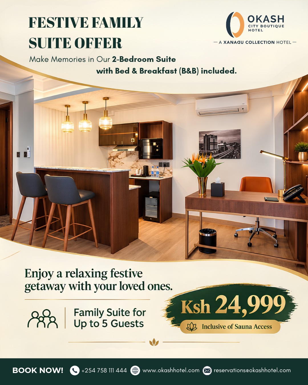 🎄 Make this festive season special for the whole family! ❤️

Bring everyone together for a relaxing family getaway at @okashhotelkenya .

Enjoy our 2-Bedroom Family Suite at Ksh 24,999, inclusive of bed & breakfast for up to 5 guests and sauna access.

More family time, more comfort, more memories to cherish. ✨

📲 Plan your family getaway today! 
Book now on WhatsApp: +254 721 556 967
.
.
#OkashHotel #FamilyGetaway #FestiveSeason #FamilyStaycation #NairobiHotels #FamilyTime #FamilyStays