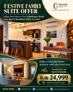 🎄 Make room for more family memories this festive season! ❤️
Bring the family together for a relaxing getaway at @@okashhotelkenya .
Enjoy our 2-Bedroom Family Suite for Ksh 24,999, inclusive of bed & breakfast for up to 5 guests and sauna access.
More time together, more comfort, and precious moments your family will remember. ✨
📲 For Reservations: Call+254 758 111 444 or WhatsApp us: 0721 556 967
.
.
#OkashHotel #FamilyGetaway #FestiveSeason #FamilyStaycation #NairobiHotels #FamilyTime