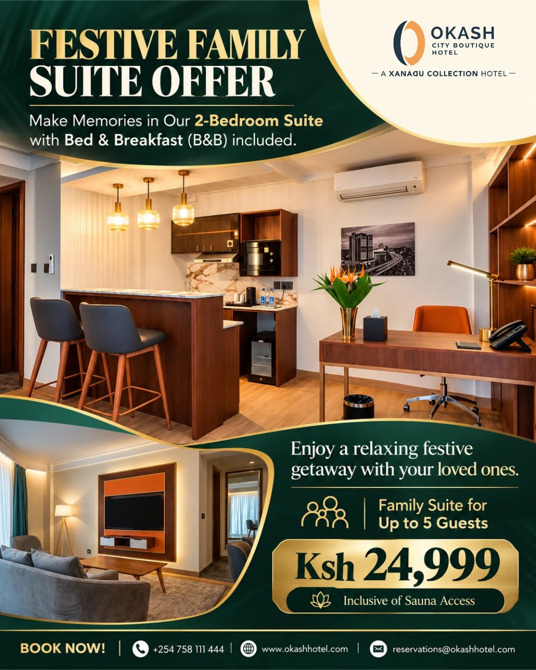🎄 Make room for more family memories this festive season! ❤️
Bring the family together for a relaxing getaway at @@okashhotelkenya .
Enjoy our 2-Bedroom Family Suite for Ksh 24,999, inclusive of bed & breakfast for up to 5 guests and sauna access.
More time together, more comfort, and precious moments your family will remember. ✨
📲 For Reservations: Call+254 758 111 444 or WhatsApp us: 0721 556 967
.
.
#OkashHotel #FamilyGetaway #FestiveSeason #FamilyStaycation #NairobiHotels #FamilyTime
