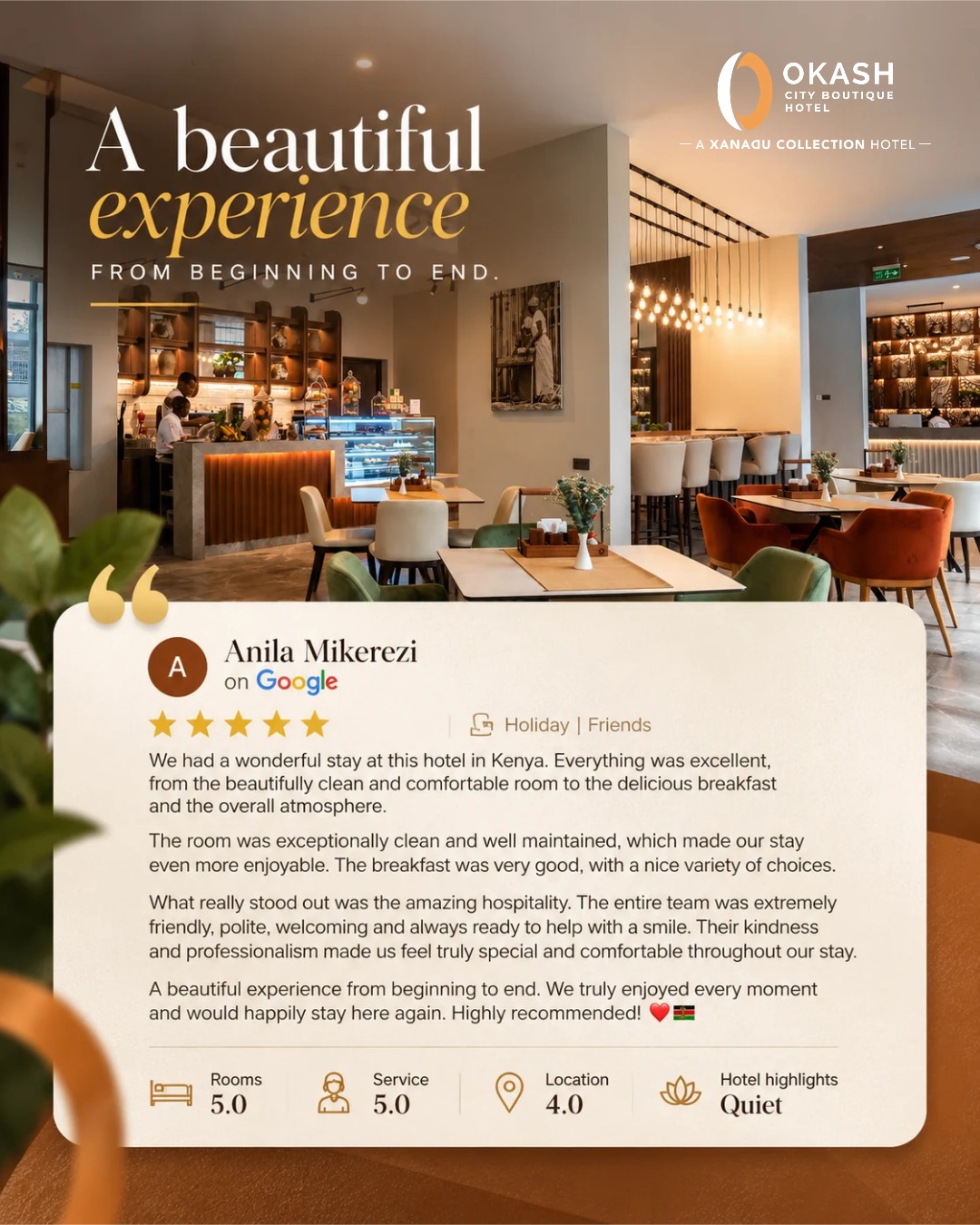 There’s something special about knowing someone left with beautiful memories. ❤️
From the comfort of a good night's stay to the little details that make a hotel feel welcoming, it's the people and experiences that make every visit meaningful.
Thank you, Anila, for your kind words. It was a pleasure having you with us, and we look forward to welcoming you back to @okashhotelkenya !
Here's to more memorable stays and wonderful journeys. 🇰🇪
🌐 www.okashhotel.com (Link in bio)
.
.
#WeekendMotivation #GuestStories #GuestFeedback #HappyGuests #TravelKenya #VisitNairobi #NairobiHotels #HospitalityMatters #OkashCityBoutiqueHotel